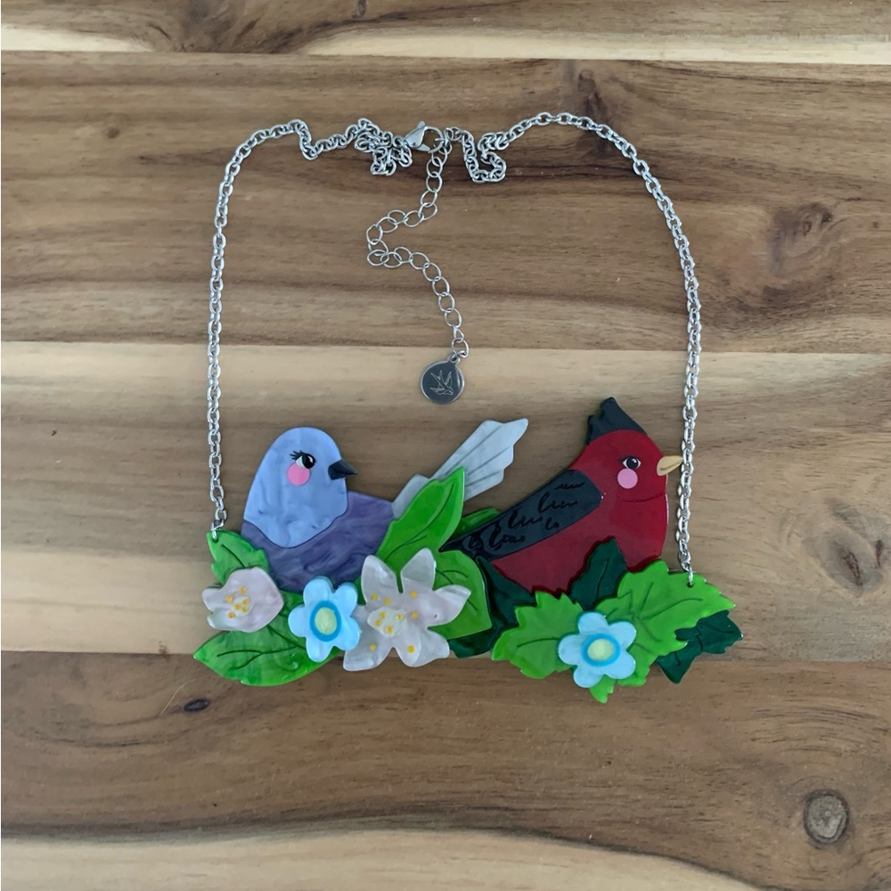 Erstwilder Pretty Birds necklace bluebird flower NWOT